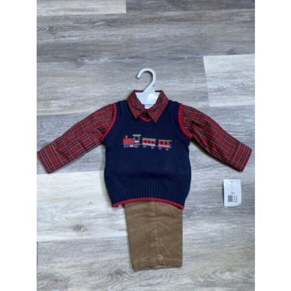 Great Guy Red Plaid Collared Shirt & Blue Train Sweater Vest 18 Months NWT - Picture 1 of 5